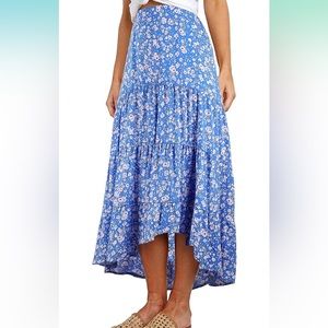 PRETTYGARDEN Women's Floral Print Midi Skirt - Elastic High Waist High Low Hem